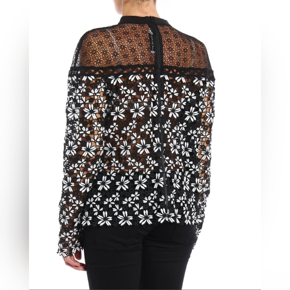 Self-Portrait Tops - Black And White Lace Long-Sleeve Top - Sheer , Self Portrait, UK8, Us 4
